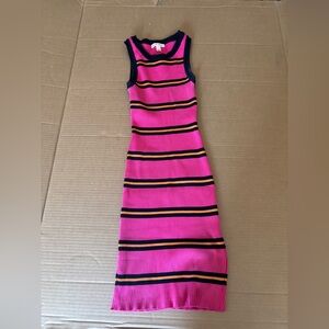 Derek Heart Vibrant Pink Midi Dress with Black and Orange Stripes